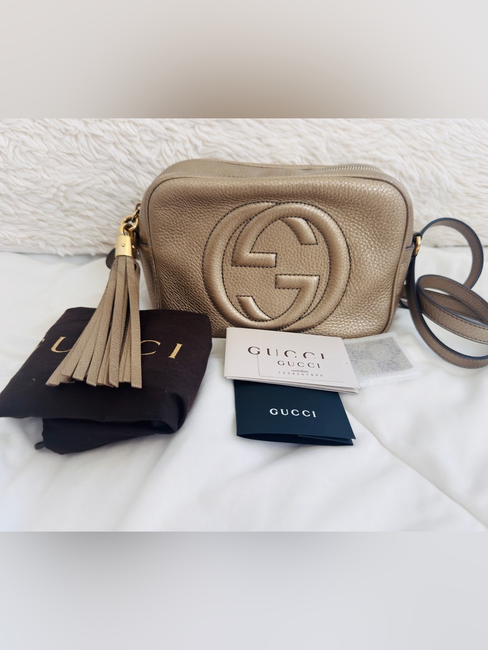 Gucci Soho Disco Small Leather Crossbody Bag Metallic Beige/Champagne Gold DustB - Picture 3 of 17